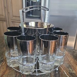 Elegant Silver and Black Glass Set with Carrier